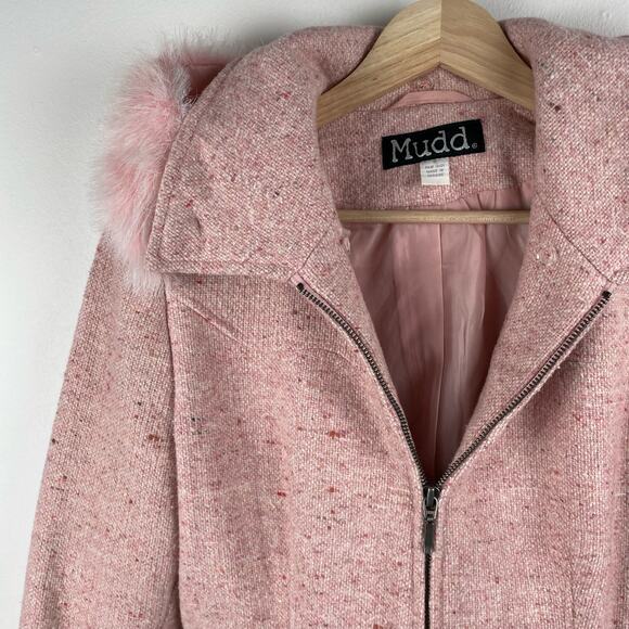 y2k Pink Tweed Wool Blend Coat Size S Faux Fur Trim Full Zip Jacket Bratz Doll - Picture 10 of 11